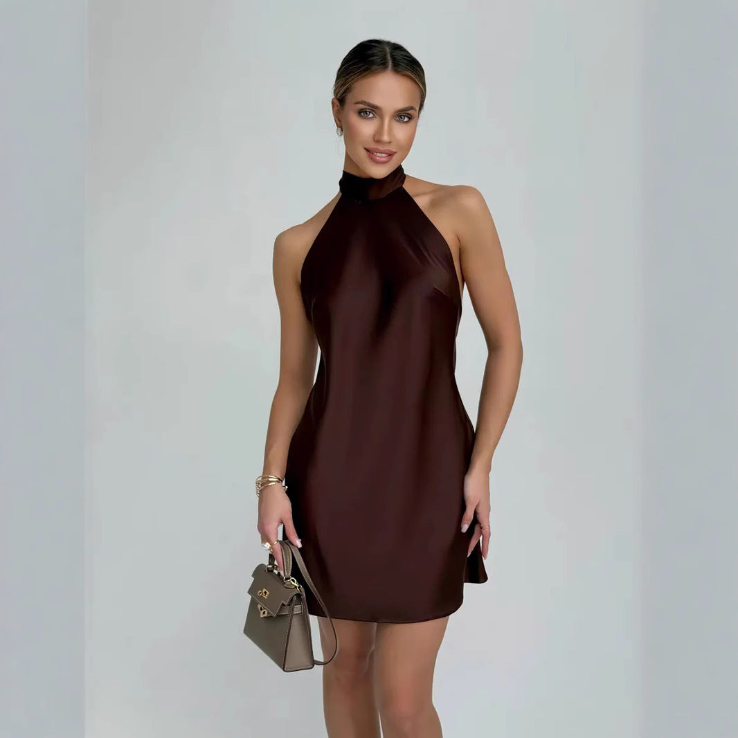 Women's Sleeveless Satin Halter Mid-length Dress