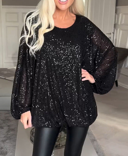 Round-neck Sequin Long-sleeve Loose Top