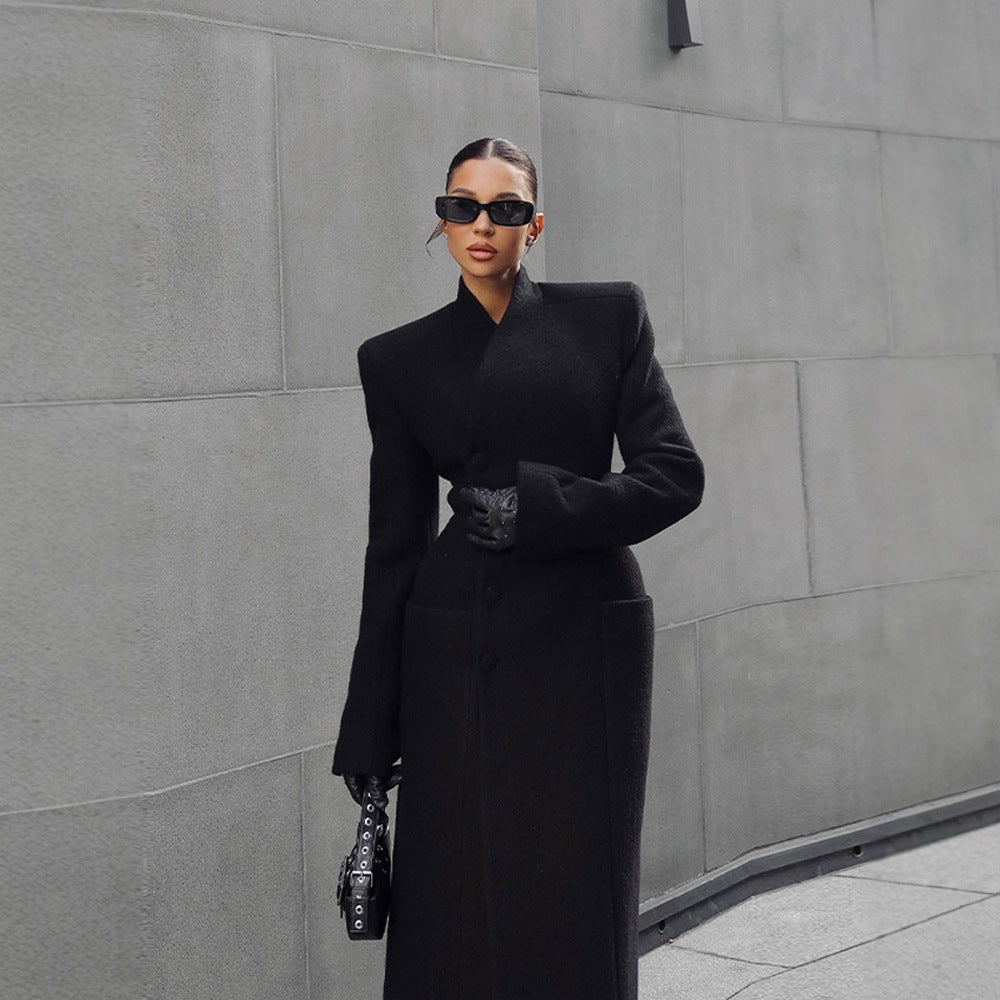 Temperament Shoulder-pad Long Wool Coat
