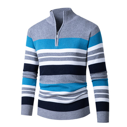 Men's Long-sleeve Half-turtleneck Zip-up Versatile Striped Sweater