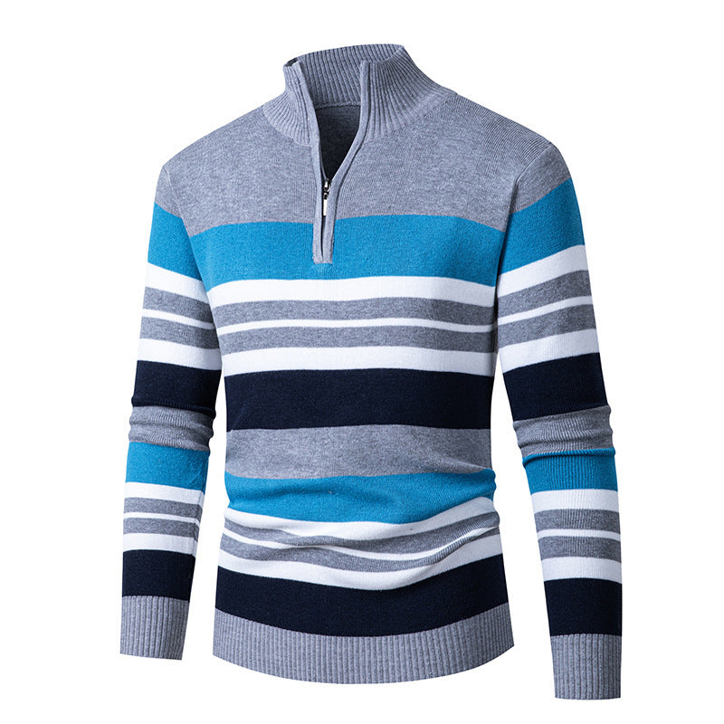 Men's Long-sleeve Half-turtleneck Zip-up Versatile Striped Sweater