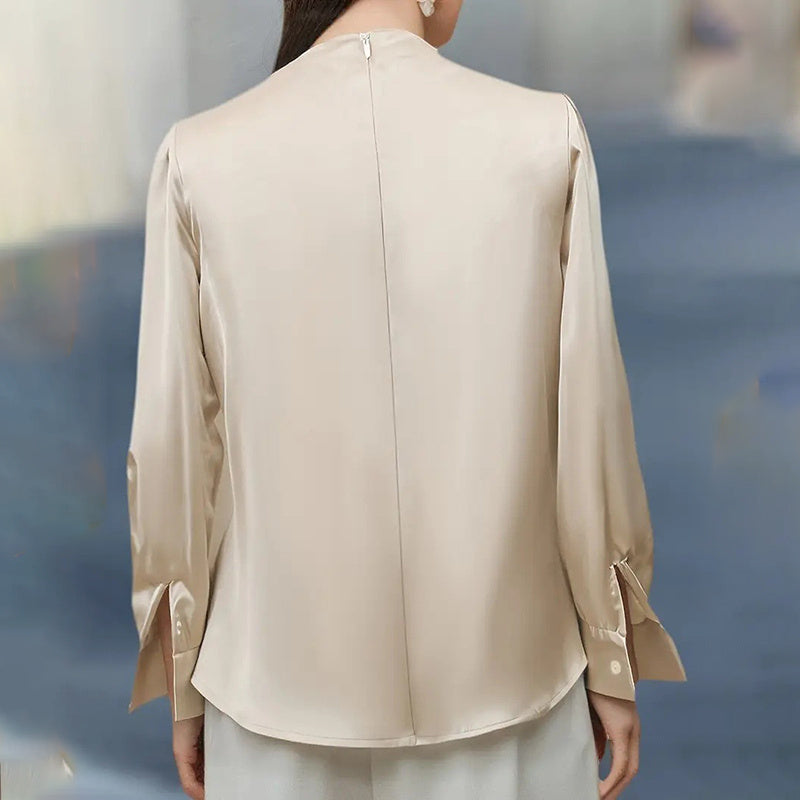 Women's Pleated Long Sleeve Blouse, Round Neck Business Casual Shirt, Dressy Fall 2025 Work Tops