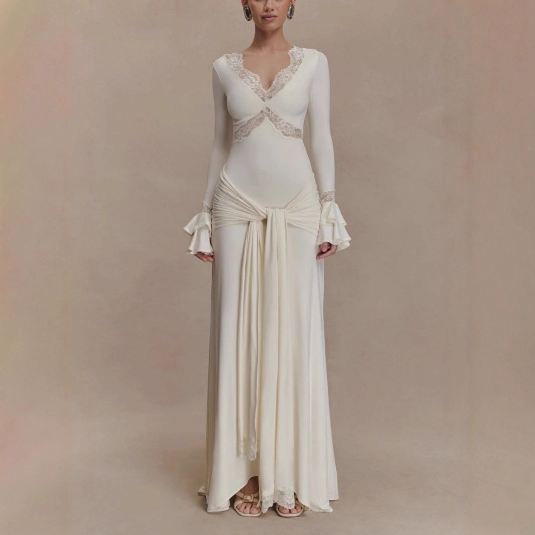 Lace Patchwork Flared Sleeves Ribbon Elegant Slim-fit Dress