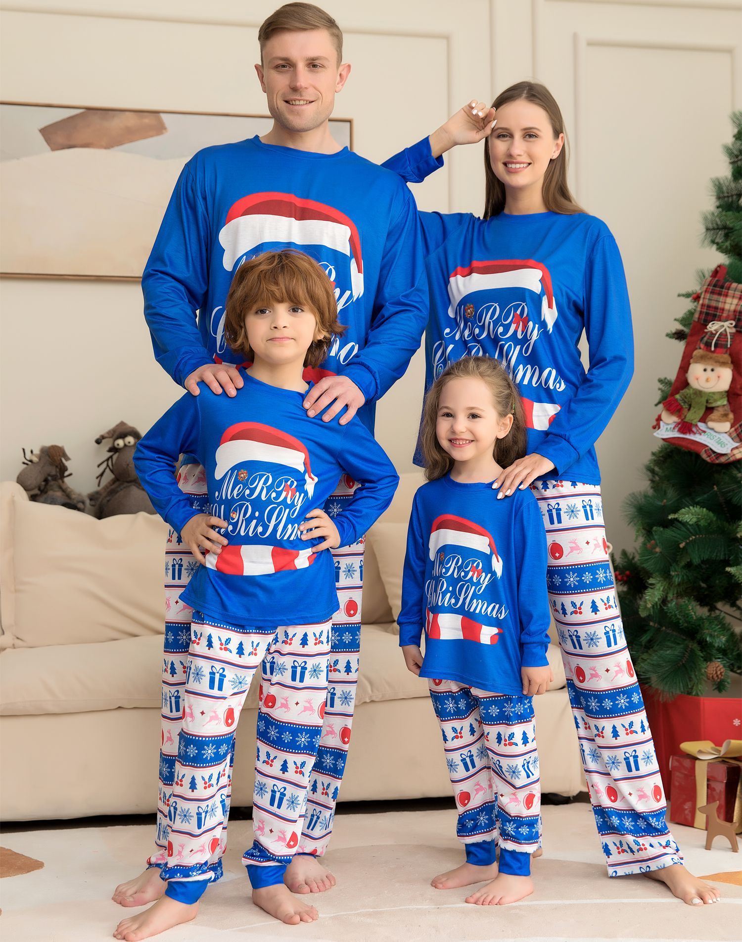 Family Matching Print Top And Plaid Pajamas Sets Xmas