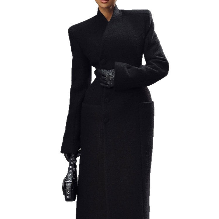Temperament Shoulder-pad Long Wool Coat