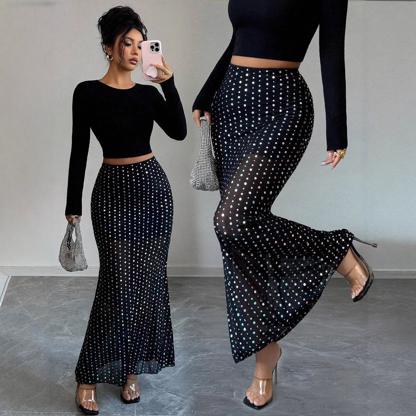 Sequin Double-layer Mesh High Waist Skirt