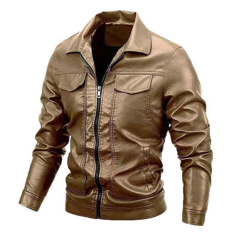Leather Turn-Down Collar Casual Long Sleeve Jacket