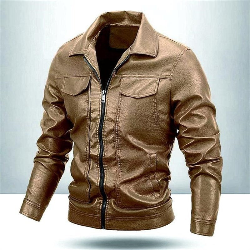Leather Turn-Down Collar Casual Long Sleeve Jacket
