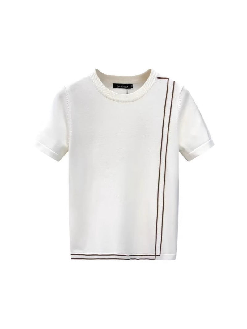 Stripped Knitted Short Sleeve High-end Retro T-shirt