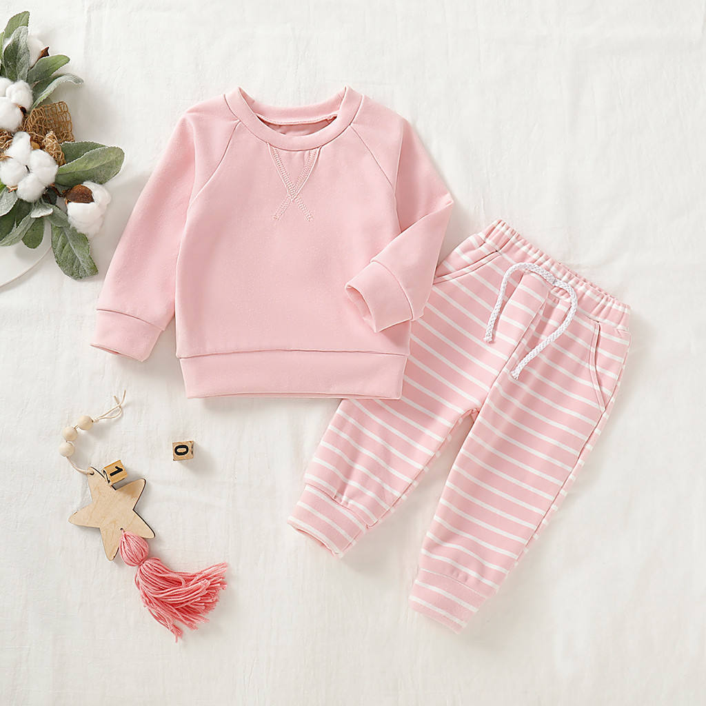 Boys And Girls Clothes Set Sweatshirt Tops Long Striped Pants Pajamas outfit 3-18 Months