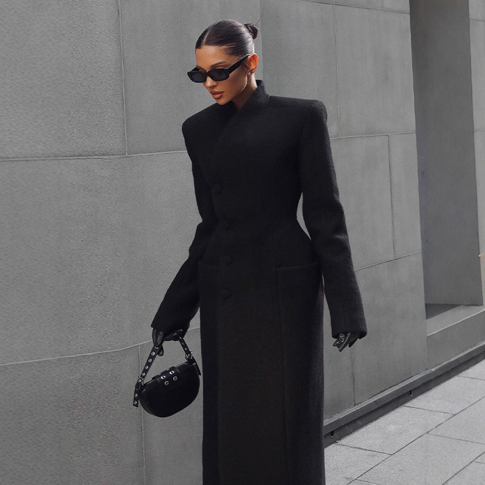 Temperament Shoulder-pad Long Wool Coat