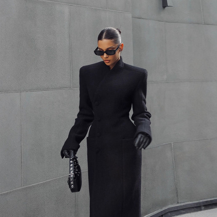 Temperament Shoulder-pad Long Wool Coat