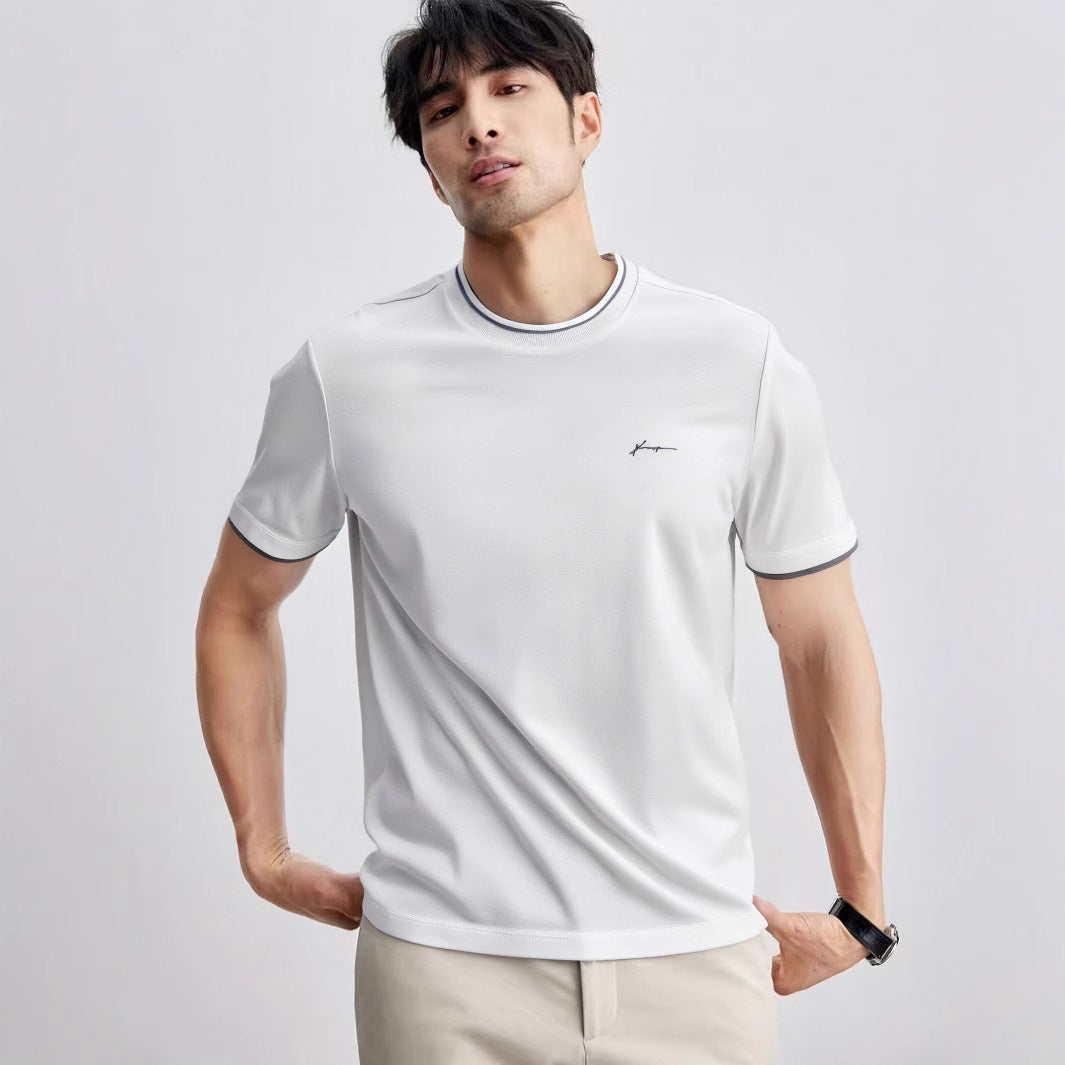 Color -blocked Round-neck T-shirt For Men With Personalized Artistic Signature Embroidery