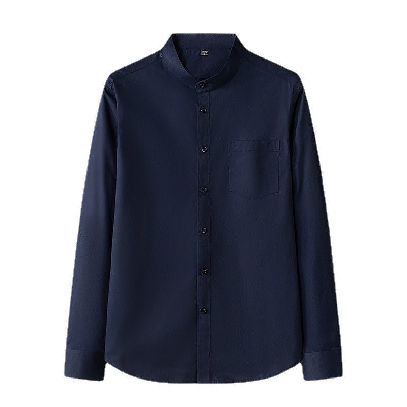 Men's Stand Collar Long Sleeve Slim Fit Solid Color Pocket Shirt